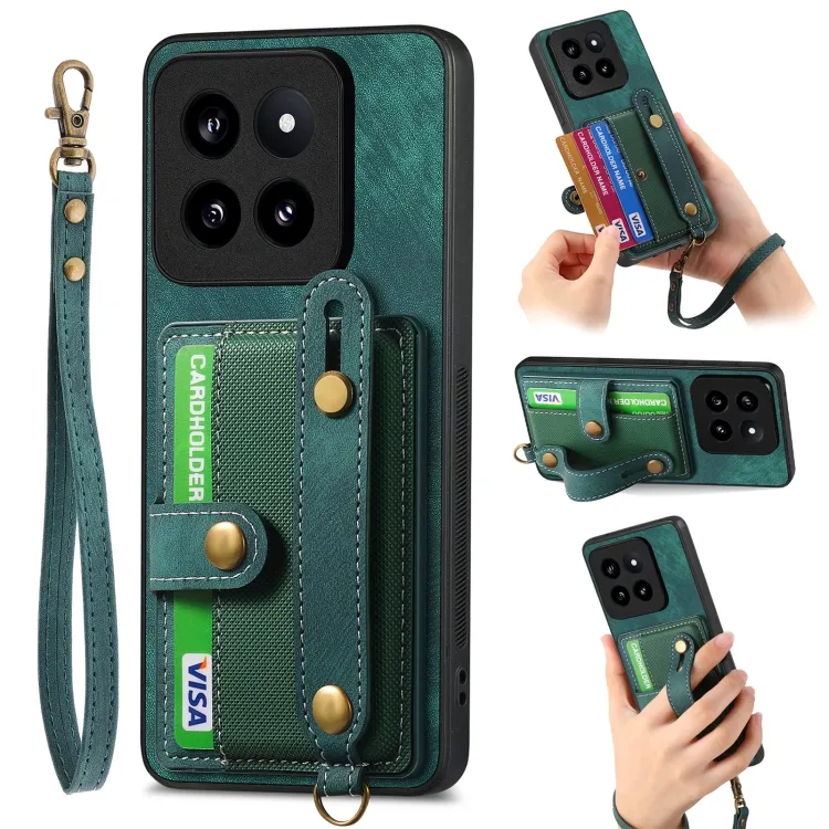 Pour Xiaomi 14 Pro Retro Cross Wristband Wallet Leather Back Phone Case(Green)