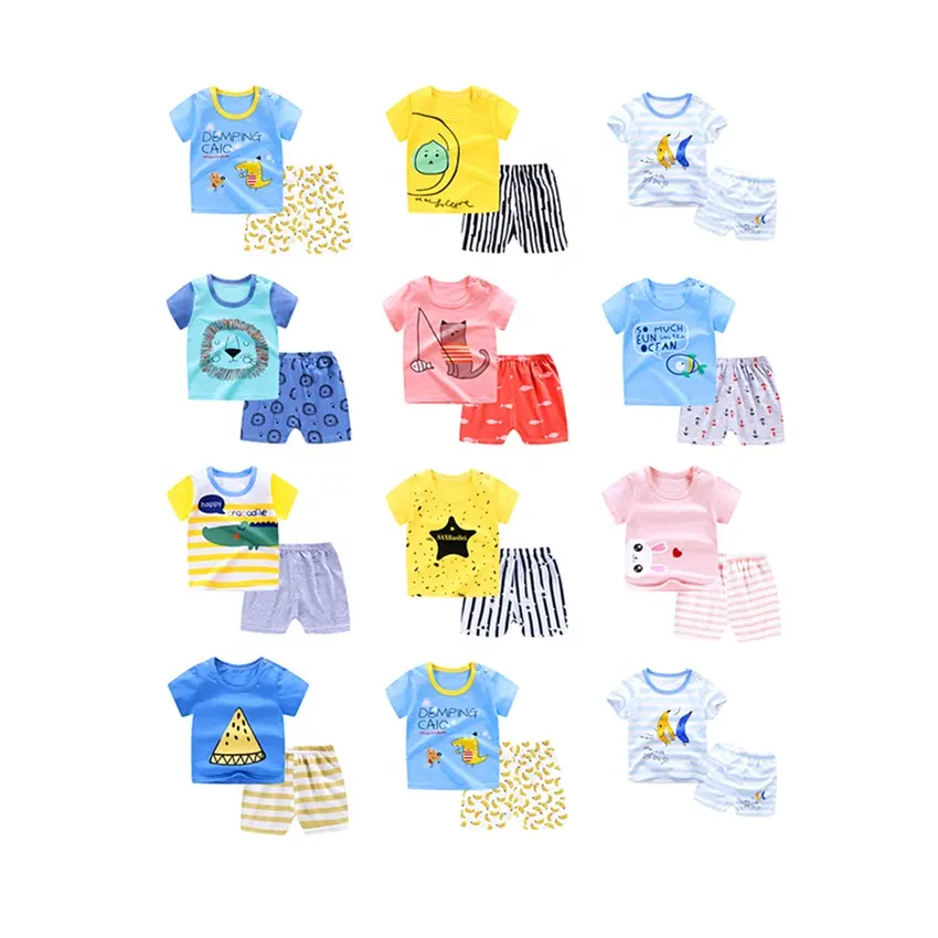 Venda quente de Verão para Crianças Conjuntos de Roupas de Bebê Menino Define Vestuário 100 Design Diferente 2pcs T-shirt roupa dos miúdos