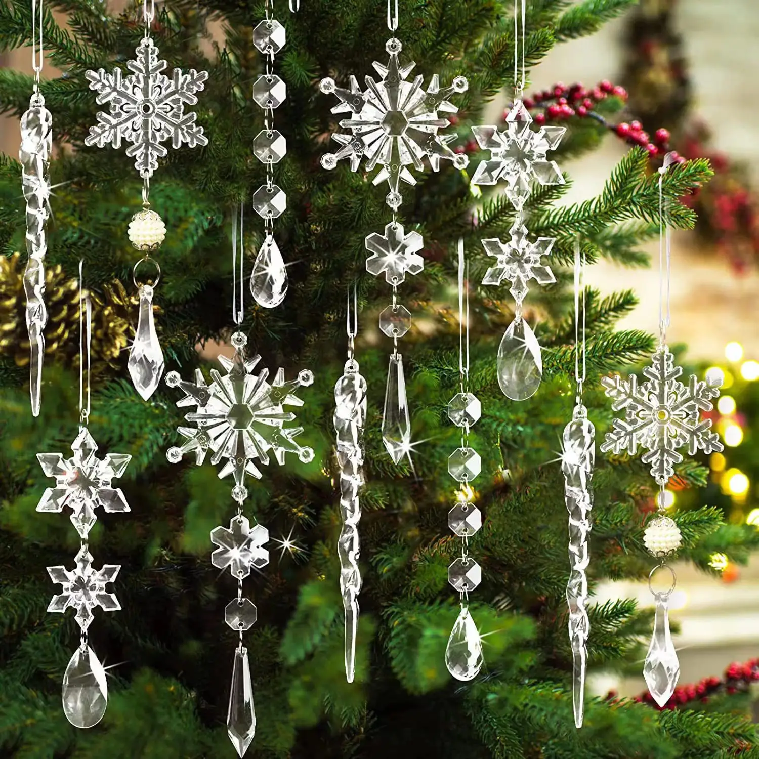 2024 Christmas Tree Decorations Hanging Acrylic Snowflake and Icicle Ornaments with Drop Balls
