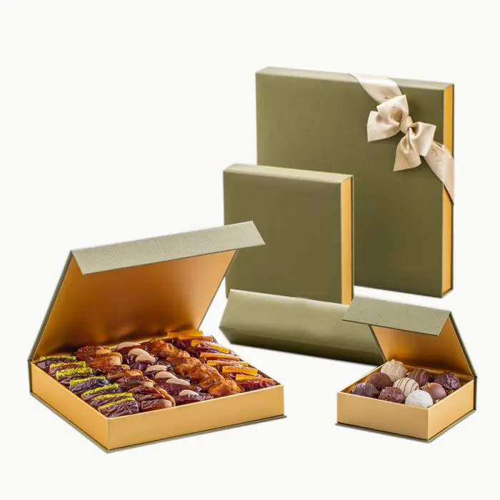 Personalizado cor verde alimentos embalagens rígidas caixas duras papel caixas trufa chocolate datas ramadã caixa de presente embalagens