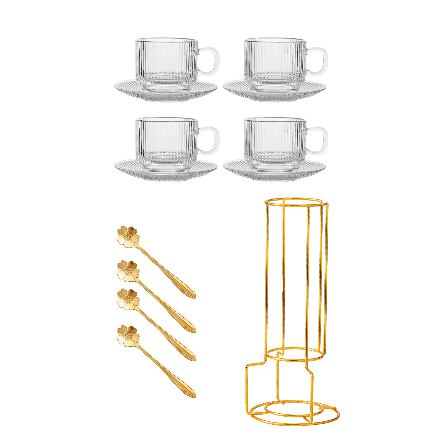 Gobelets empilés-rayures-4 tasses 4 assiettes 4 cuillères-support tour doré