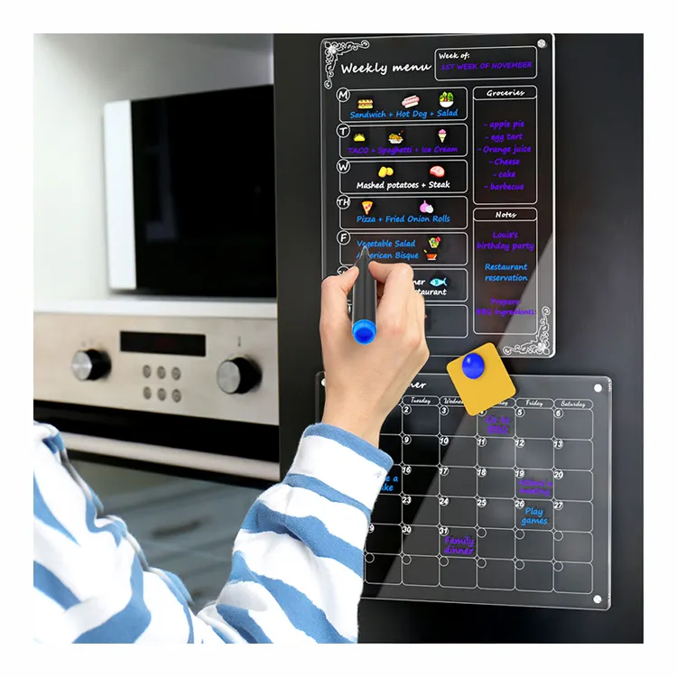 กระดานลบแบบแห้ง2อันใช้ซ้ำได้กระดานปฏิทินอะคริลิคแม่เหล็กปฏิทินรายเดือนและบอร์ดวางแผนอาหารสำหรับตู้เย็น