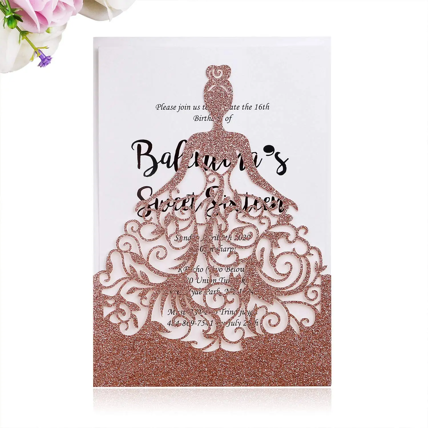 Crown Gold Glitter Quinceanera Convites Laser Cut Cartões com Envelopes