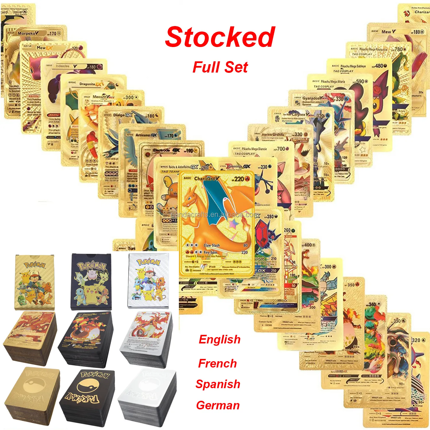 Cartas de bolso pokermon, 55 peças de cartas banhadas a ouro, para jogar, inglês, espanhol, francês