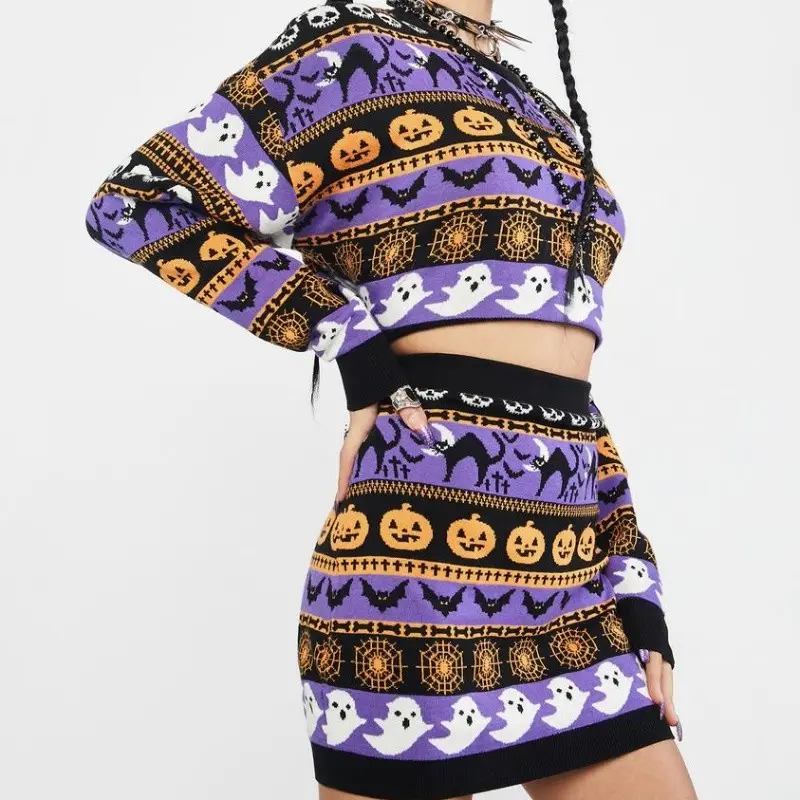 Halloween Conjuntos de Duas Peças De Purple Pumpkin Ghost Sweater Curto Pullover Saia Dark Street Europeu e Americano Malhas