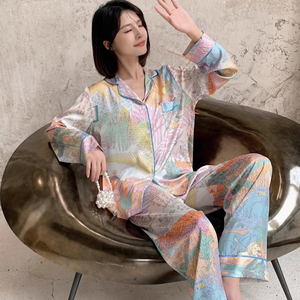 热销休闲春秋时尚缎面女式睡衣冰雪丝绸提花薄长袖家居服套装