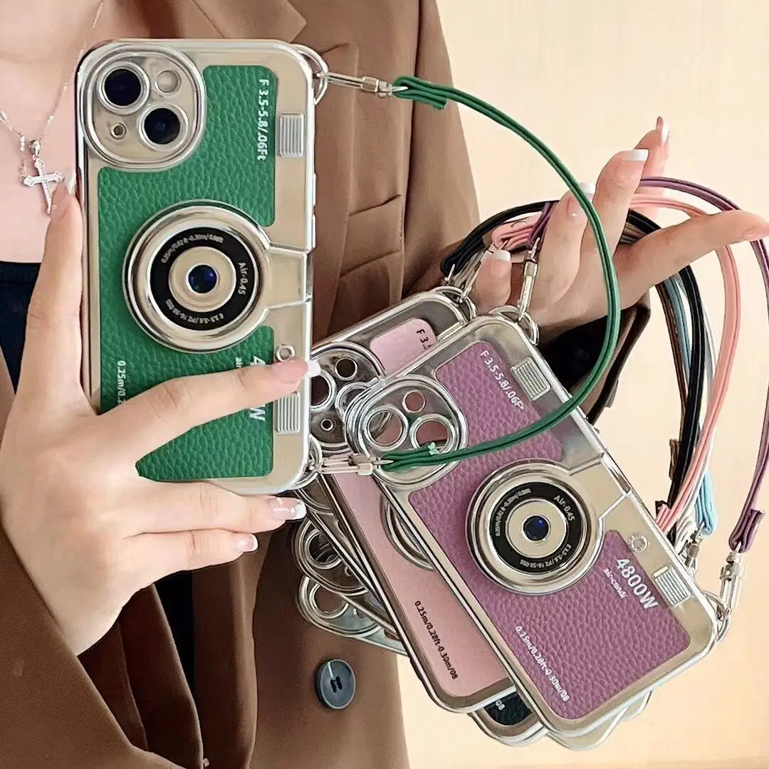 Mode 3D Cool Lanyard Kamera Form Galvani sieren Lychee Leder Handy hülle für iPhone 14 13 12 11 pro max