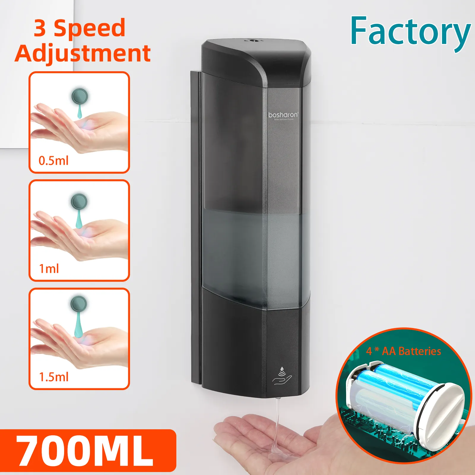 Dispenser sabun otomatis 700ml pemasangan dinding, Dispenser sampo cair otomatis Sensor cerdas inframerah tanpa sentuhan dengan tampilan LED