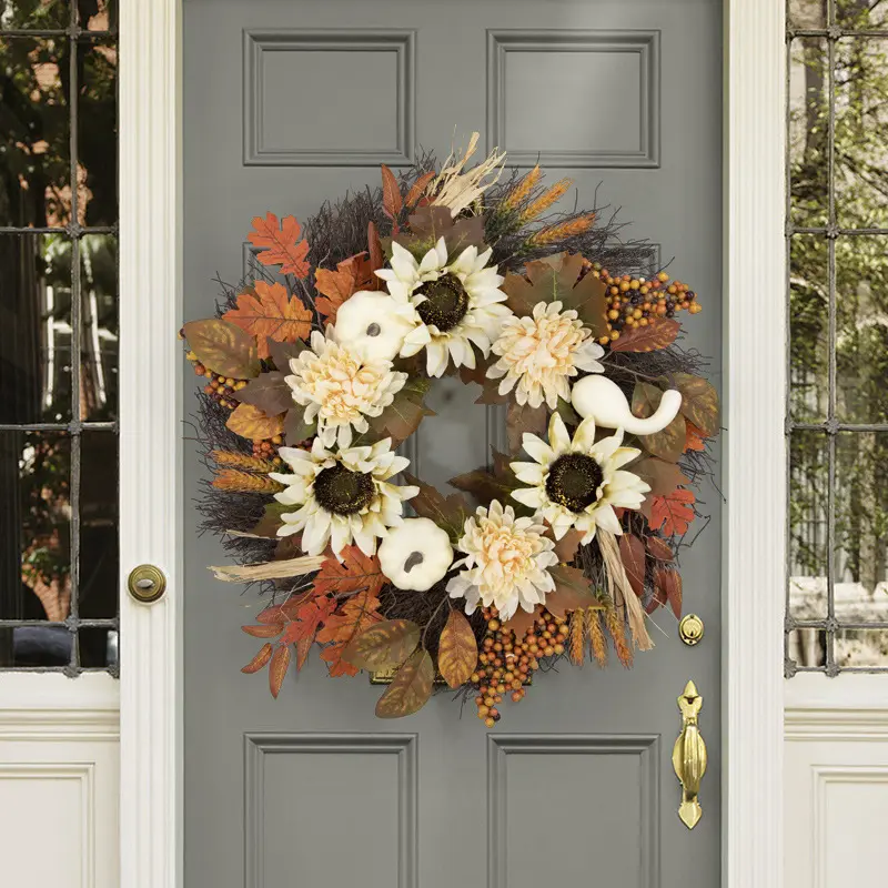 Hot Sales Autumn Festival Decor and Grain Artificial Fall Harvest Wreath Garlands Swag For Thanksgiving Front Door Decoration