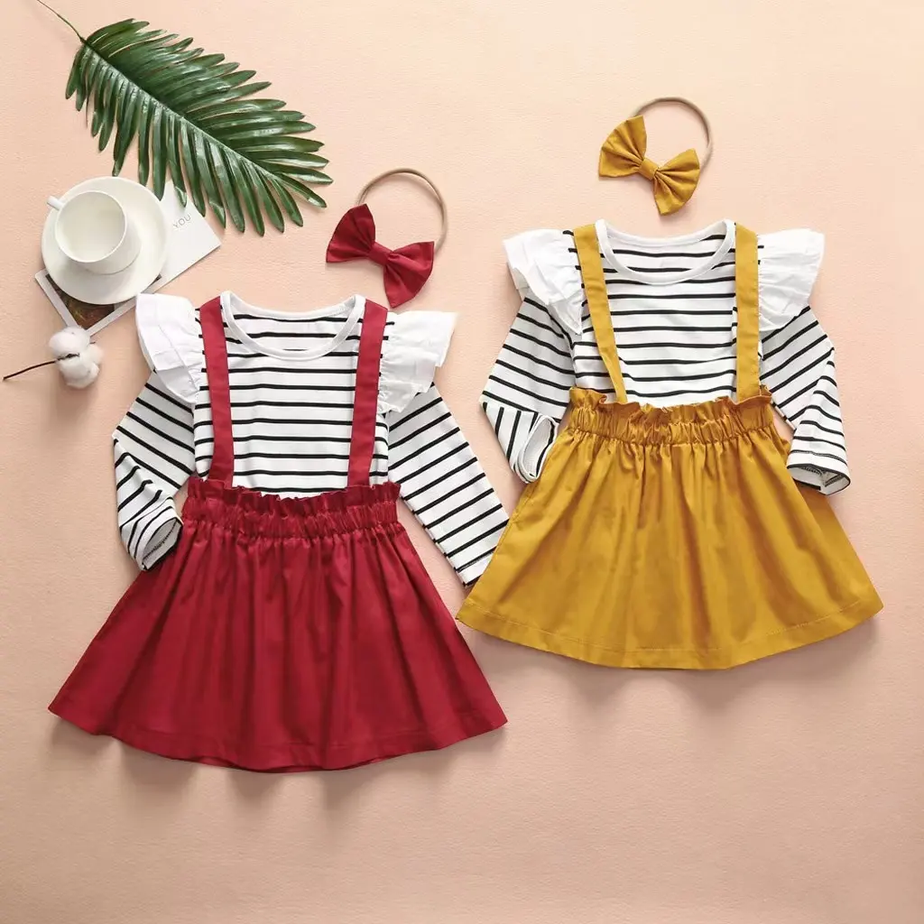 Conjunto de roupas infantis para meninas, conjuntos de roupas para crianças de 3, 4, 5, 6, 7, 8 anos de idade, vestidos de manga de flutter, 2 peças, saia, 2022