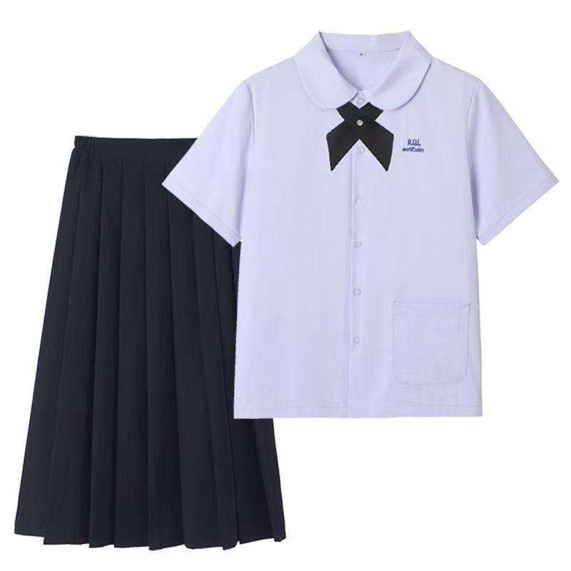 Thai girls short sleeves + navy blue long skirt + cross tie