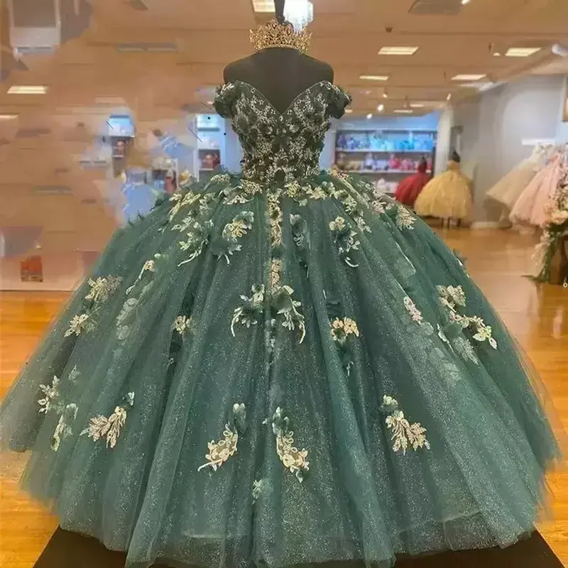 2024 fuera del hombro princesa desfile vestido de baile flores cuentas dulce 16 verde oscuro vestidos de quinceañera MQ421