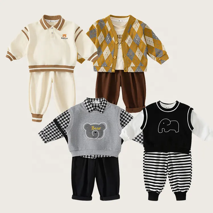 도매 사용자 정의 아이 착용 3-10 년 클래식 격자 무늬 셔츠 리틀 베어 조끼 인과 바지 3 조각 소년 정장 세트