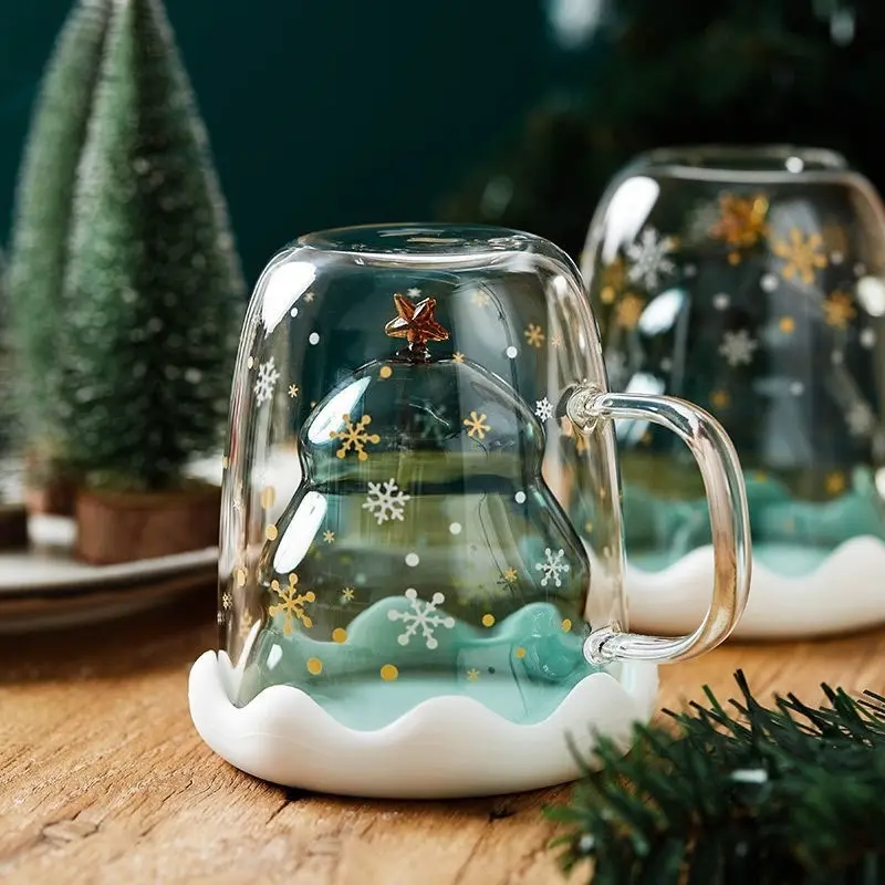 Ebay-taza navideña creativa, vaso de cristal de árbol de Navidad, estrella, doble taza de agua de alta temperatura, regalos de Navidad, taza de café bonita