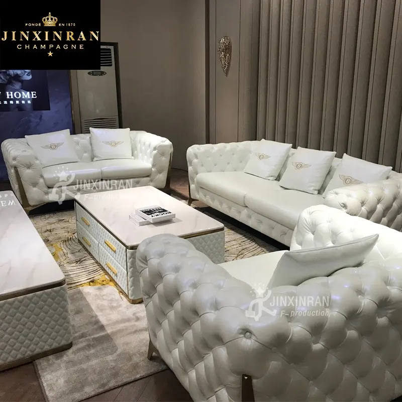 Americano muebles de sala modernos Chesterfield sofá de 3 plazas diseño botón blanco con pelo insertado de cuero sofá chesterfield