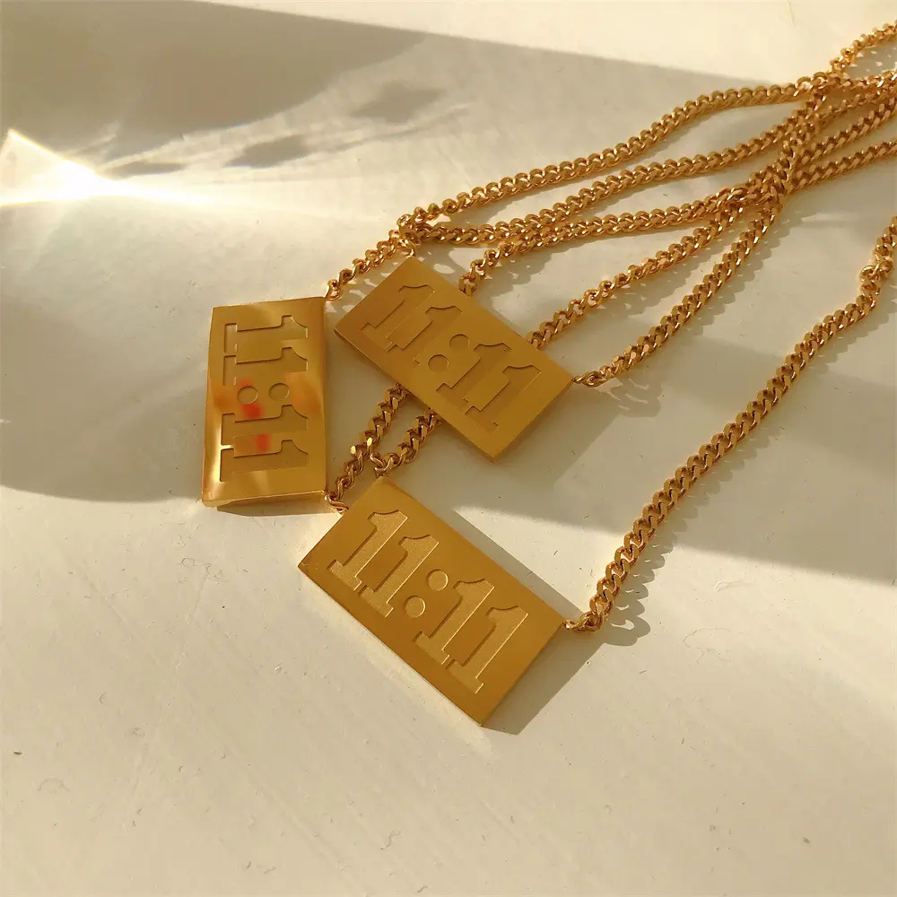Simple Fashion Stainless Steel 18k Plated Gold necklaces Waterproof square 1111 number pendant necklace