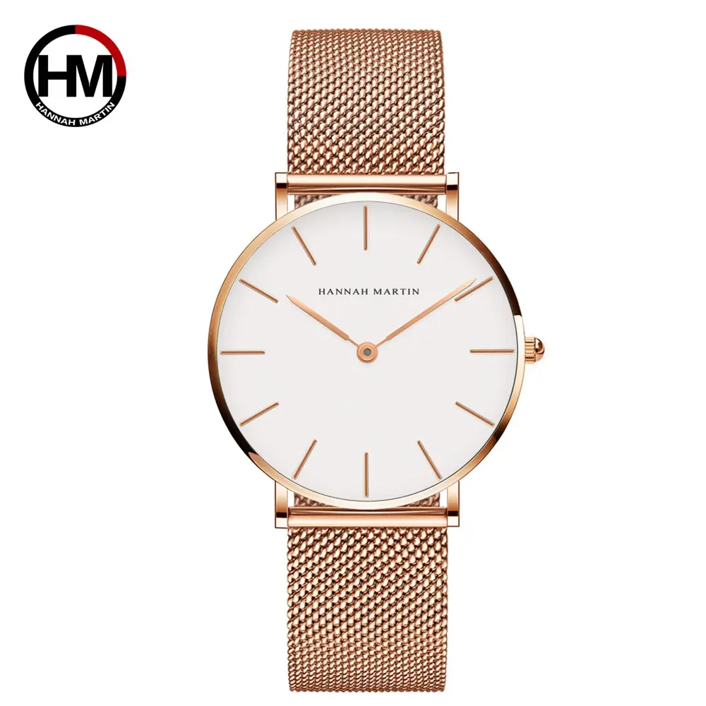 HANNAH MARTIN RELÓGIOS FÁBRICA Diâmetro 36mm Japão Quartz À Prova D' Água Senhoras Relógios Milanese Malha Strap Relógios De Pulso para As Mulheres