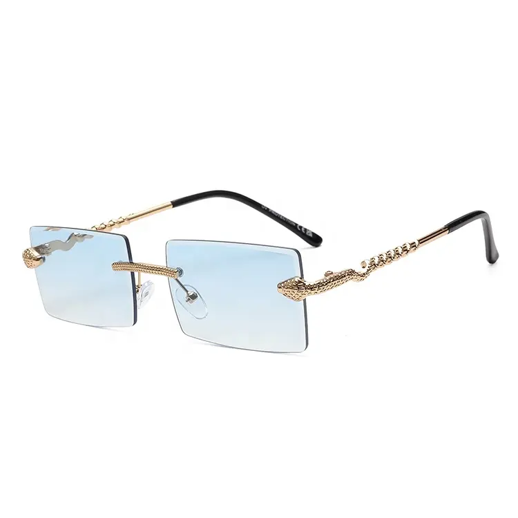 UV 400 Kacamata Hitam Desain Ular Tanpa Bingkai Terpolarisasi Logo Kustom Lensa Biru Potongan Berlian Desainer Logam Emas Uniseks