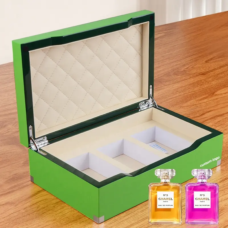 カスタム高級木製ボックス香水包装ボックス緑光沢ピアノペイントカスタムロゴ香水木製ボックス