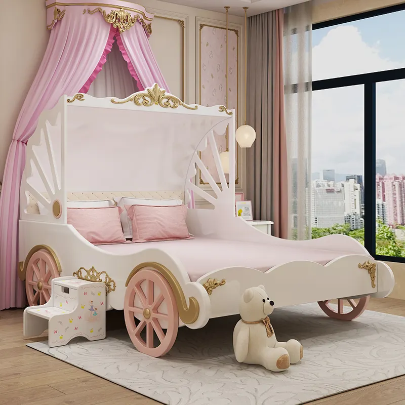 Cochecito de princesa para niñas, cama rosa con barandilla, muebles para niños