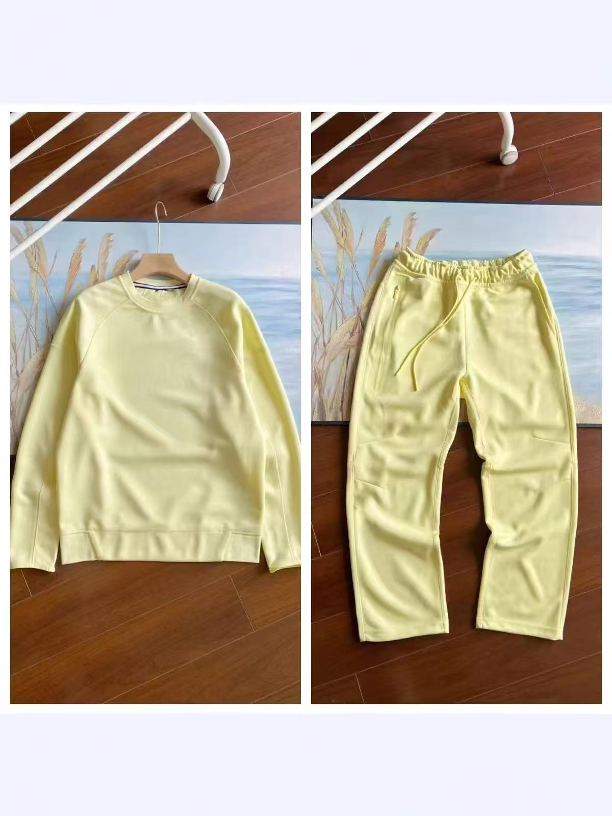 Conjunto amarillo de cuello redondo.