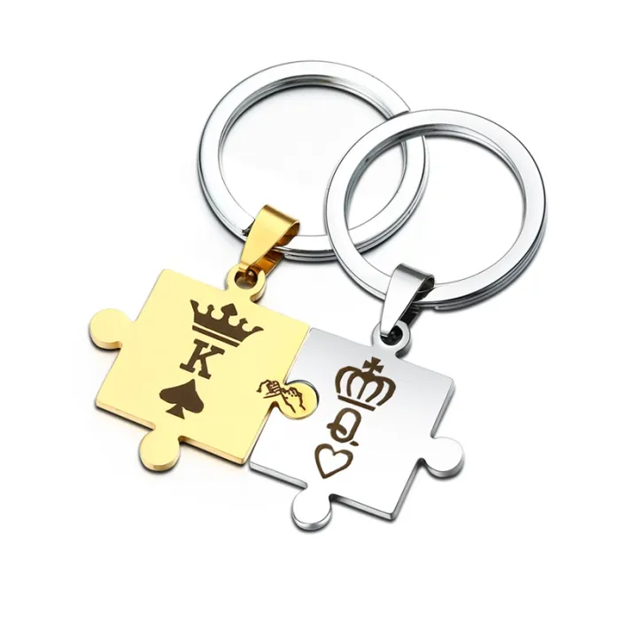 Romantische Liefde 2Pcs Puzzel Vorm Sleutelhanger Sieraden Goud-Zilver Roestvrij Staal Zwart Laser Koning En Koningin Sleutelhanger voor Koppeling