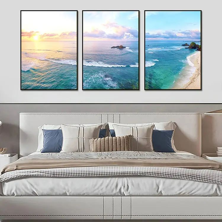 3 uds sin marco puesta de sol océano paisaje marino lienzo pintura para sala de estar azul mar blanco playa imagen paisaje marino pared arte decorativo