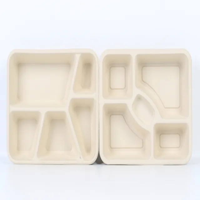 Factory wholesale 100% compostable school lunch tray 5 grid plate bamboo fiber disposable paper trays