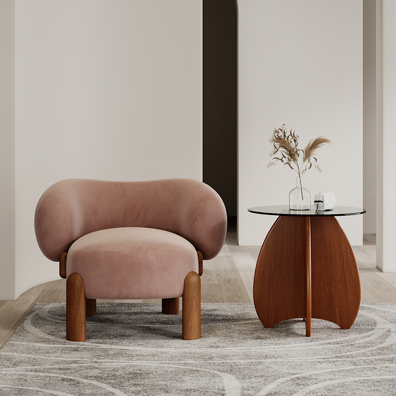 Fauteuil individuel rose pétale, pieds en noyer, revêtement en flanelle.17