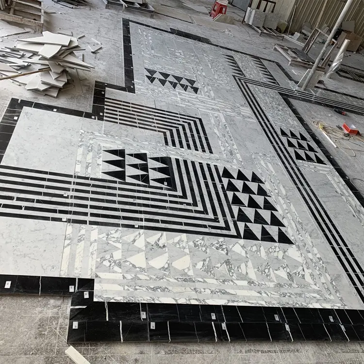 Lobby flooring waterjet black and white marble inlay square