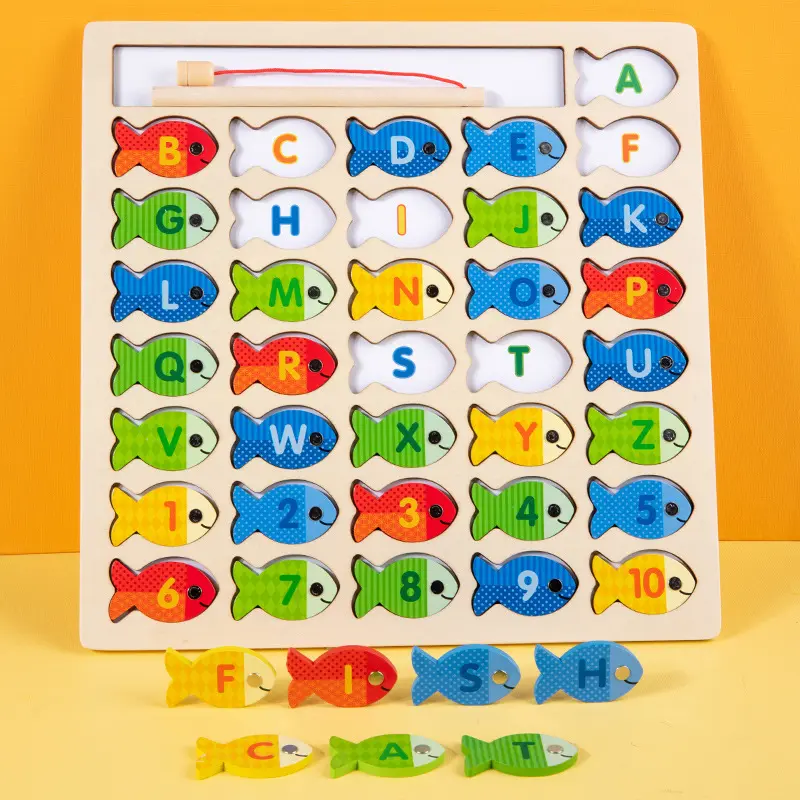 PT Venta al por mayor Alfabeto Fish Magnet Juegos de conteo Rompecabezas con números y letras Juego de pesca magnético de madera para niños pequeños