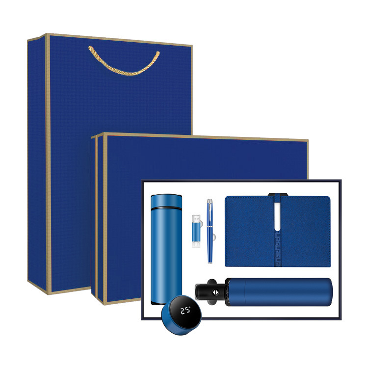 Bleu (5 pièces : cahier + stylo + thermos + parapluie + clé USB)