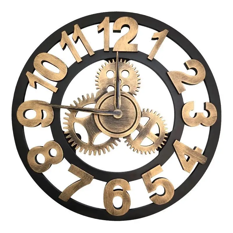 Wholesale Gears Moving Wall Clock Retro American Country Wooden Digital 3D Gear Creative Wall Clocks For Home Decor Wall Decor