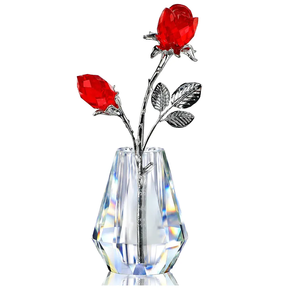 Figurine Fleur Rose Rouge en Cristal avec Vase Cadeaux Fleur Rose Faits à la Main pour Femme Cadeaux de Mariage pour Couple Décorations de Fête à la Maison