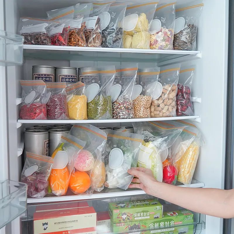 Pacote de armazenamento de alimentos com zíper ziplock personalizado para freezer por atacado, saco plástico transparente para manter fresco