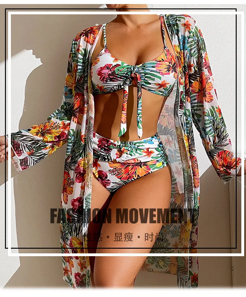 2024 Sexy 3PCS SET đồ bơi Bikini với Cover up thời trang in Áo Tắm cao eo mùa hè tắm phù hợp với beachwear OEM