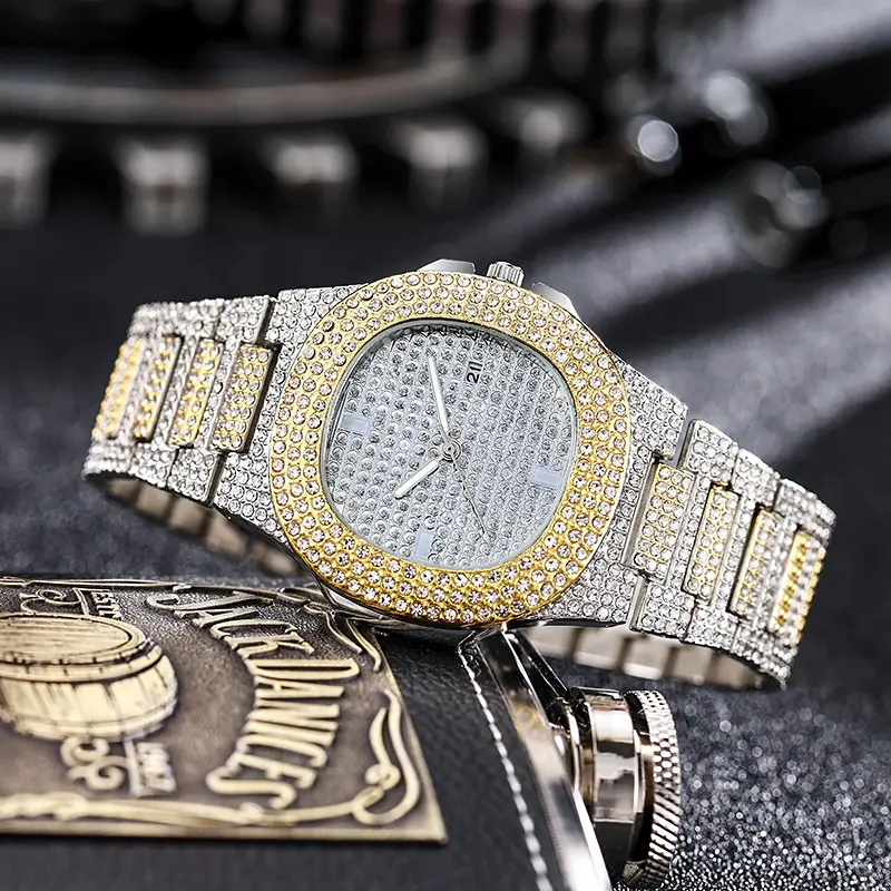 Jam tangan persegi berkilau mewah Hip Hop jam tangan kuarsa berlian penuh warna emas jam tangan untuk pria Reloj de cuarzo para hombres