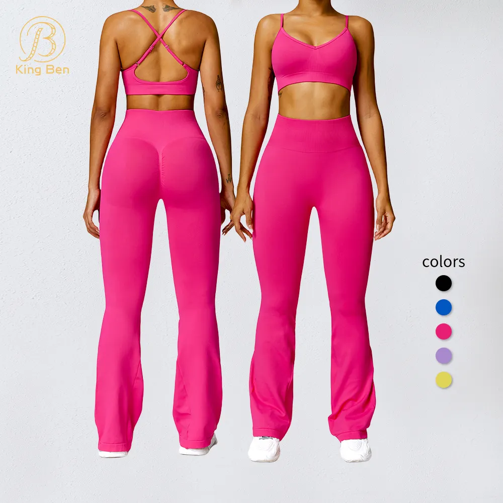 MOQ bajo, ropa de mujer, sujetador Sexy con espalda cruzada, mallas acampanadas sin costuras, entrenamiento, deportes, ropa de Yoga, ropa de gimnasio para mujer