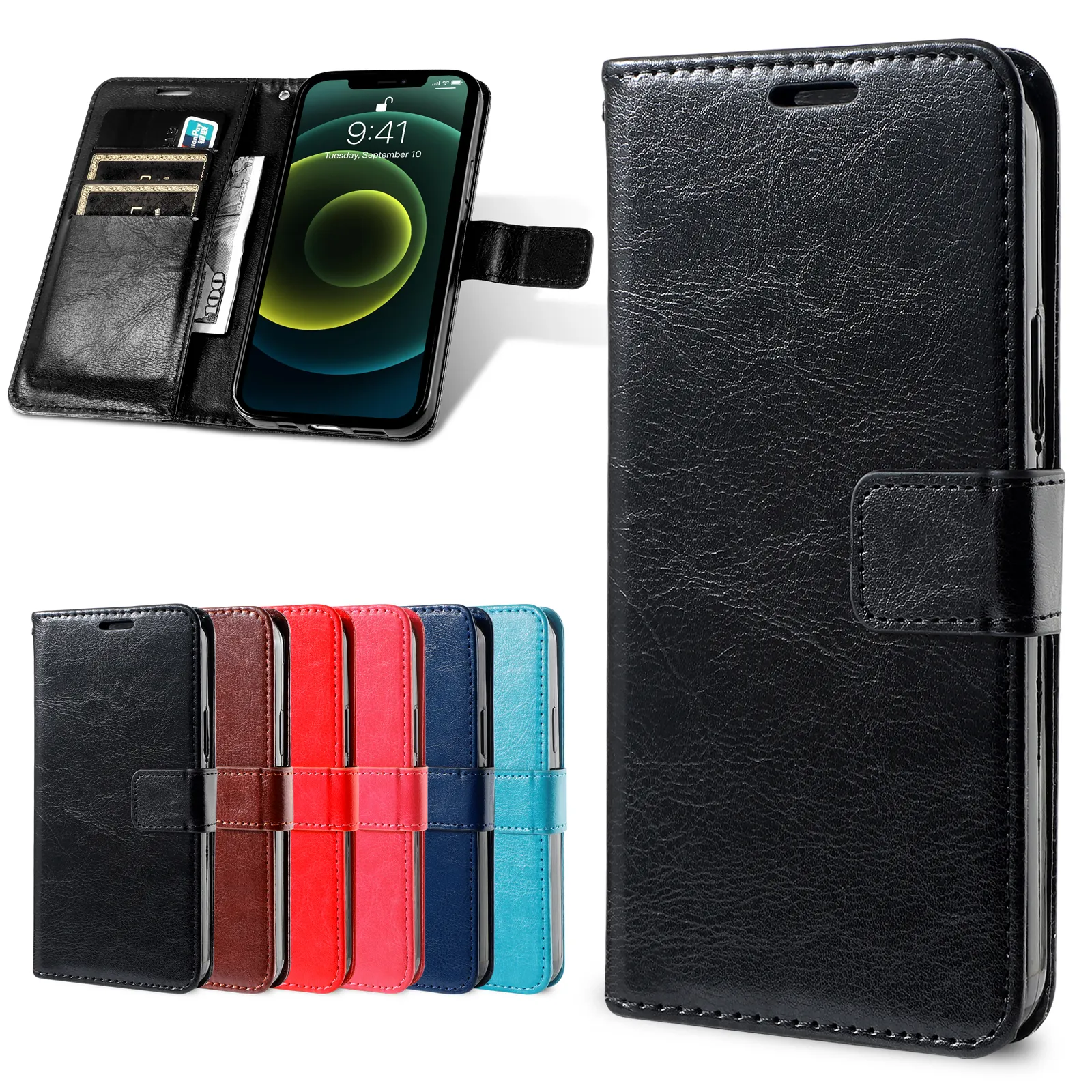 Casing dompet penutup lipat kulit, sarung HP dengan saku penyimpanan slot kartu kredit Kickstand untuk iPhone 11 12 13 14 15 Pro Max