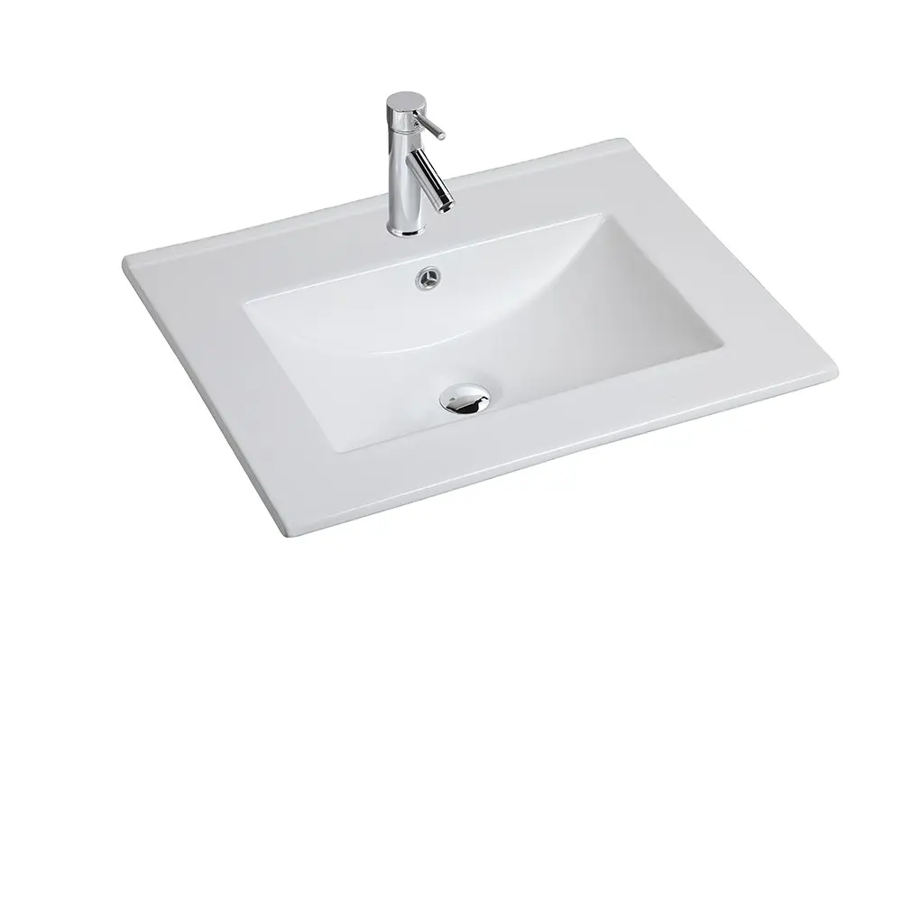 Lavabo de salle de bain moderne intégré de couleur blanche brillante Lavabo à main en céramique monobloc à bord mince 600mm