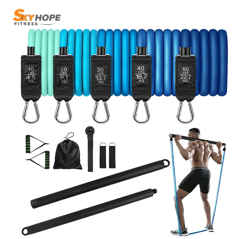 Verstelbare Bodybuilding Pilates Bar Multifunctionele Rubber Expander Oefening Elastisch Trektouw Met Trainingsstang 11 Stks/set