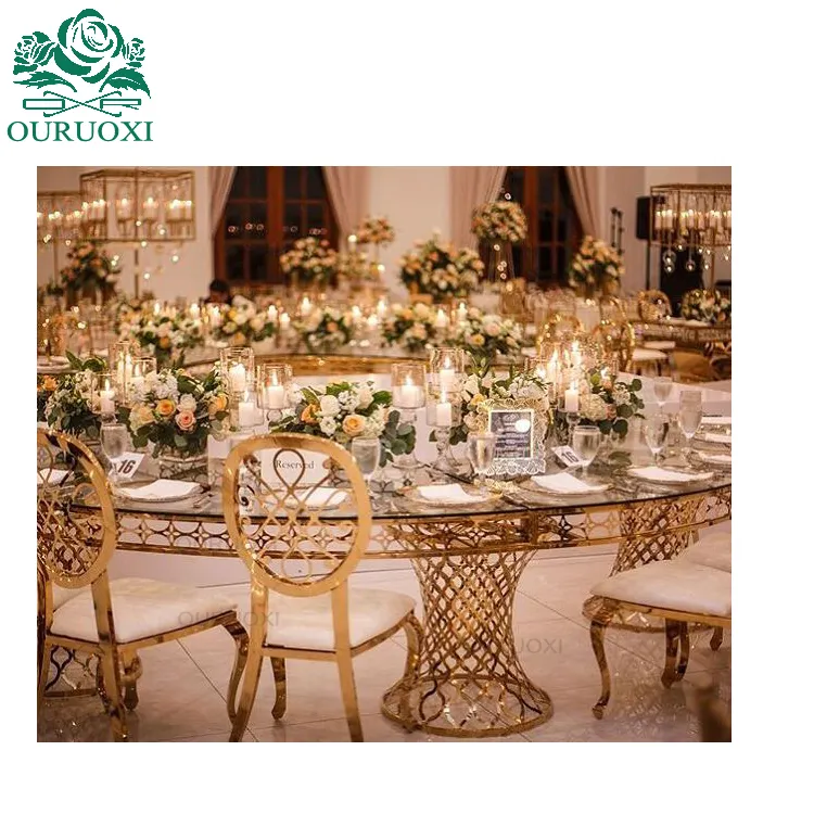 Stile di lusso in oro in acciaio inox di base di mezza luna specchio da tavolo in vetro per la cerimonia nuziale