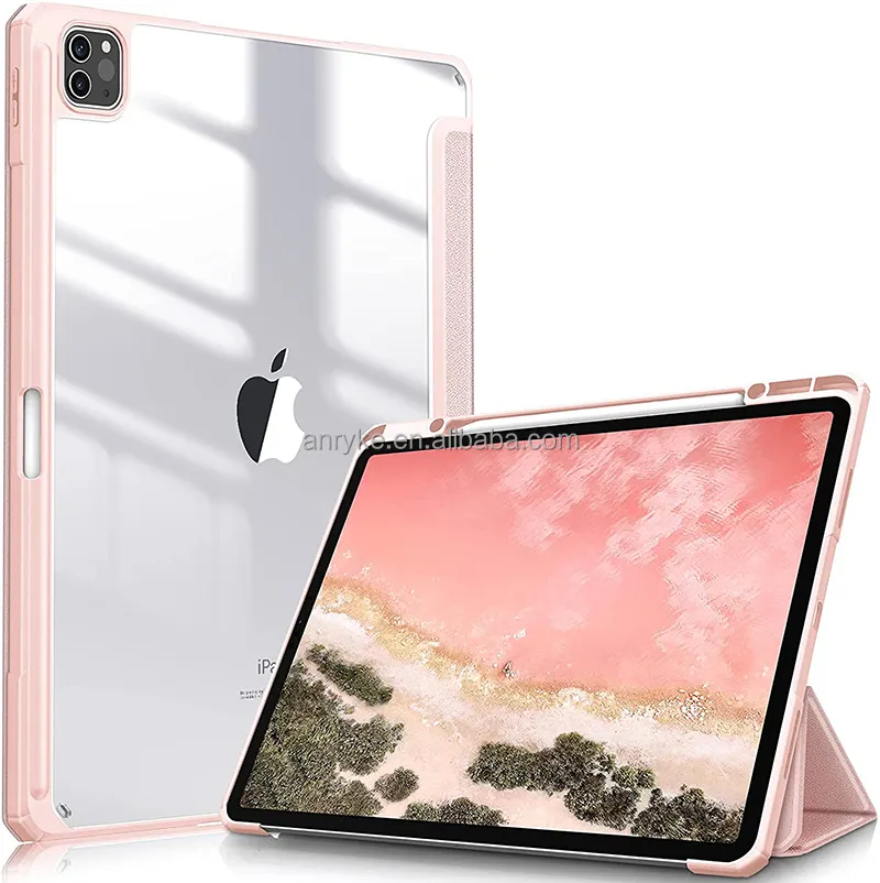 For iPad Pro 12.9 Case 2022 Transparent Back Shell Trifold Stand Auto Sleep Leather Cover for iPad Pro 12.9 6th/5th/4th Geeraio