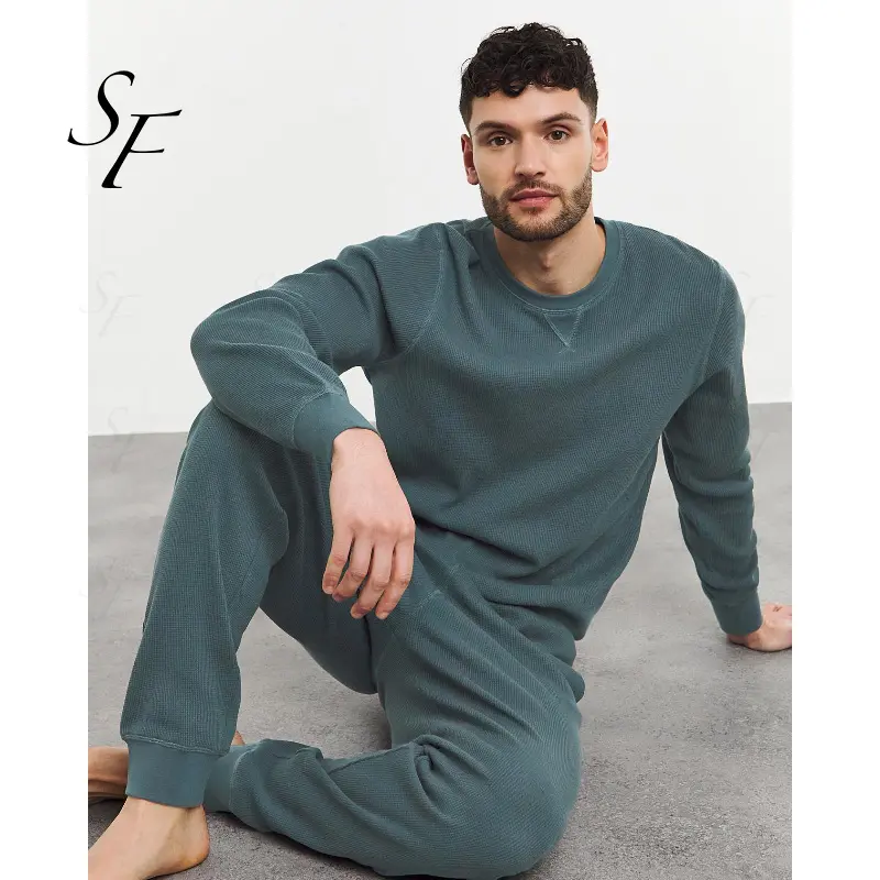 Custom Organic bamboo thermal waffle knit long sleeve tracksuit pure breathable sustainable waffle crewneck hoodies of men