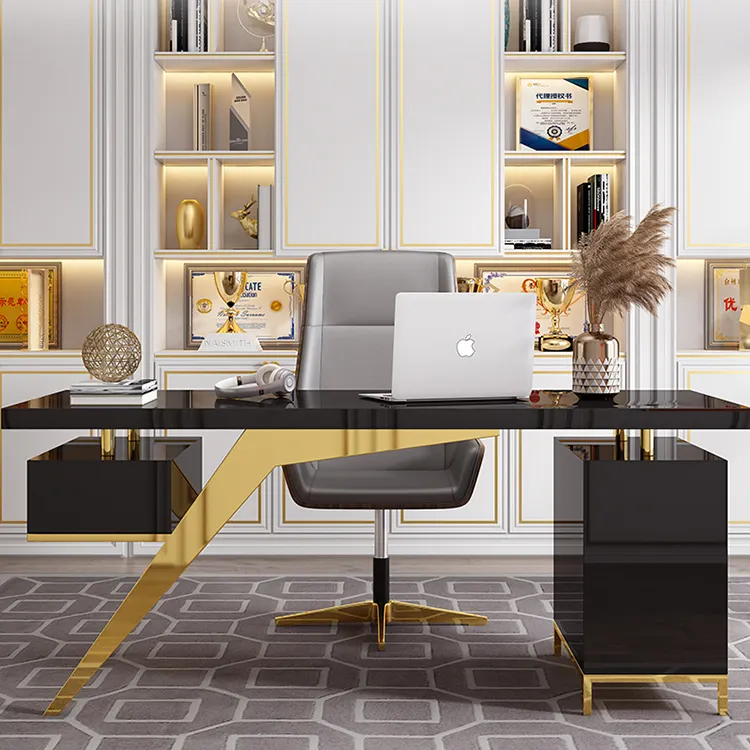 Mesa de estudio con marco de acero inoxidable dorado para el hogar, escritorio de oficina moderno de lujo, color negro, muebles de oficina