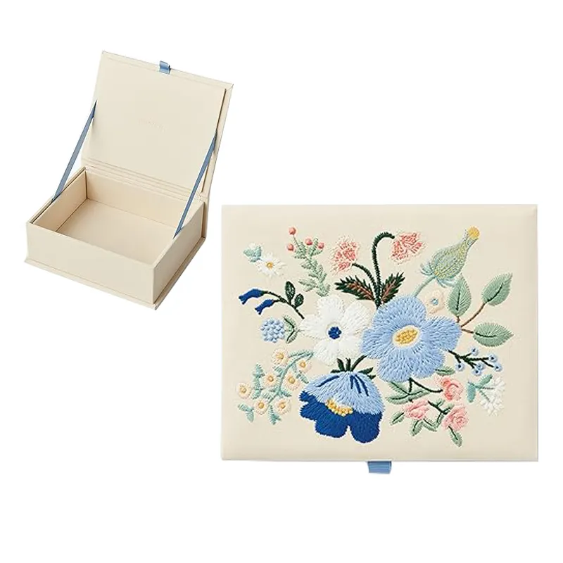 Blaue Blumen Fotokarte Schmuck Andenken-Schachtel Magnetverschluss Stickerei Bücher Andenken Armband Halskette Aufbewahrungsbox für Damen