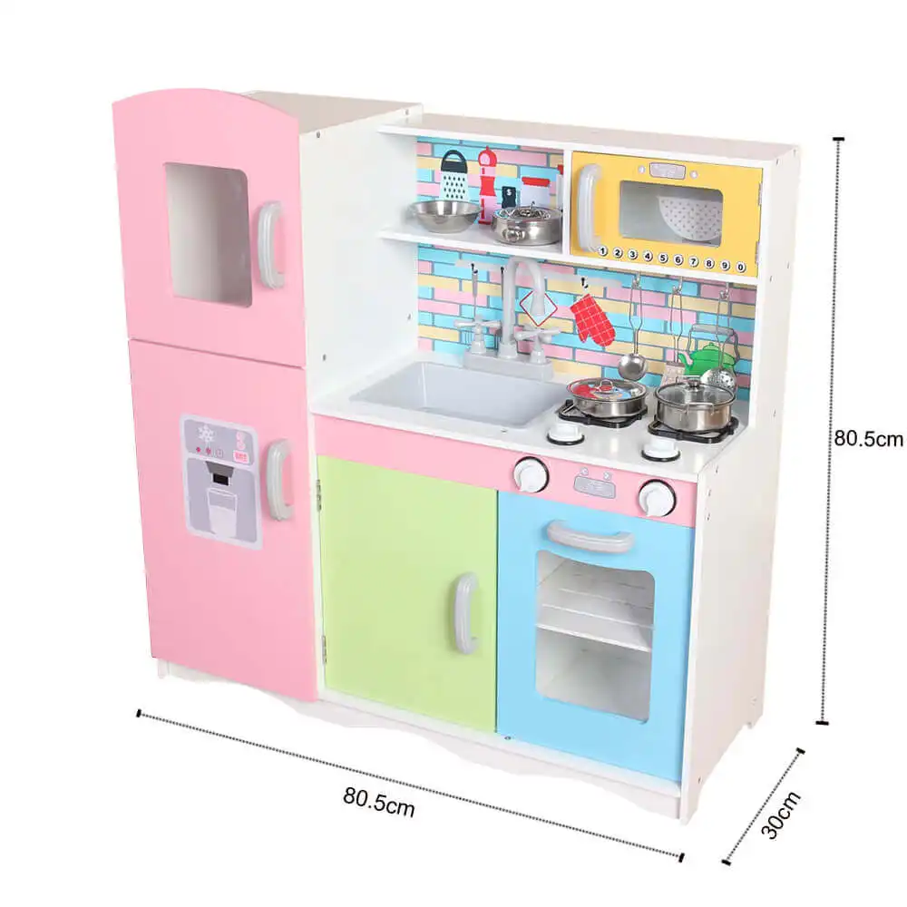 Rainbow square wooden toy kitchen with 8 pieces play utensils for kids hot sale pretend cook play toy with simulation functions