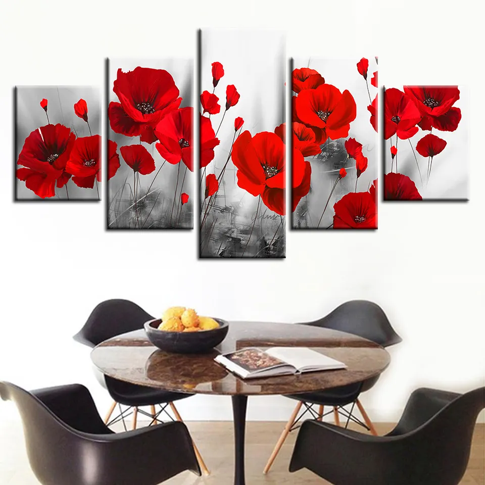 Tela di canapa Stampata Immagini Living Room 5 Pezzi Romantico Papaveri fiore della tela di canapa di arte della parete