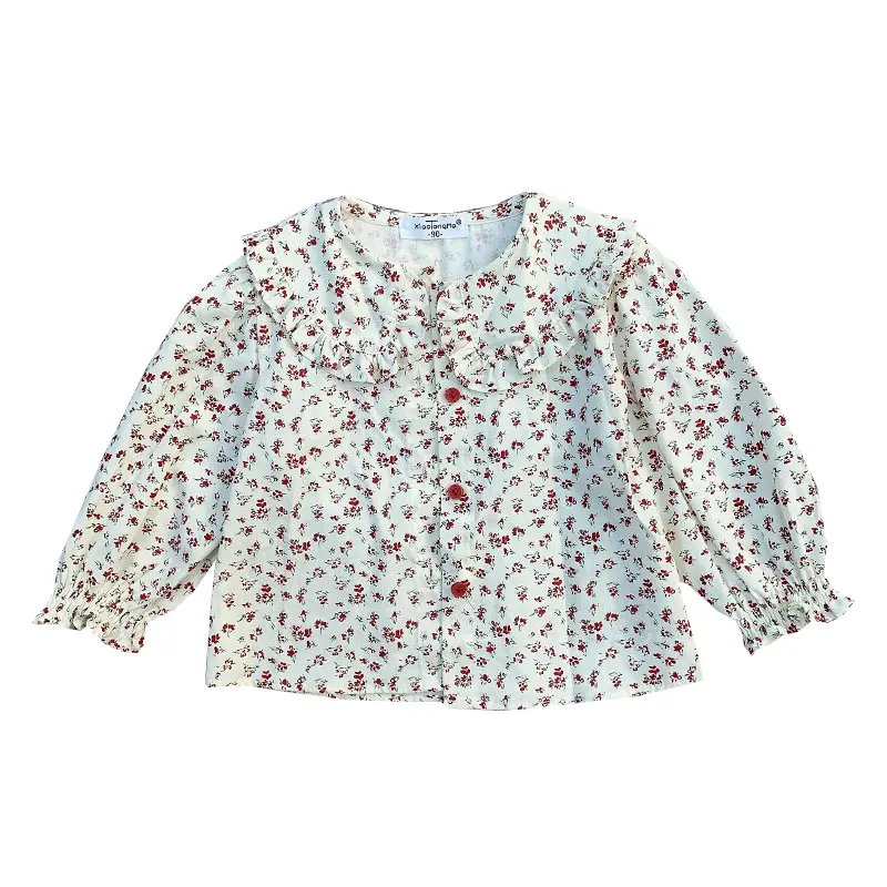 Blusa de manga larga con cuello de muñeca para niña, Top con botones