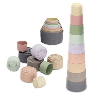 KSF Educational Shower Toys Nesting Cups Learning <strong>Pattern</strong> Silicone Teething Soft <strong>Building</strong> <strong>Blocks</strong> for Baby Children Toys - Product Image 1